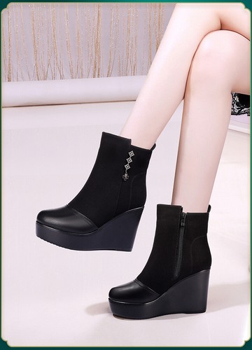 Womens Round Toe Platform High Wedge Heels Ankle Boots Shoes Zipper Real Leather - Picture 12 of 19