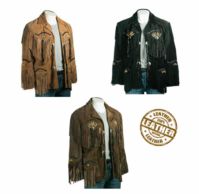 Mens Western American Wear Suede Leather Cowboy Fringe Shirt