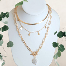 BoHo chic jewelry faux pearl necklace beach festival multichain choker gold tone