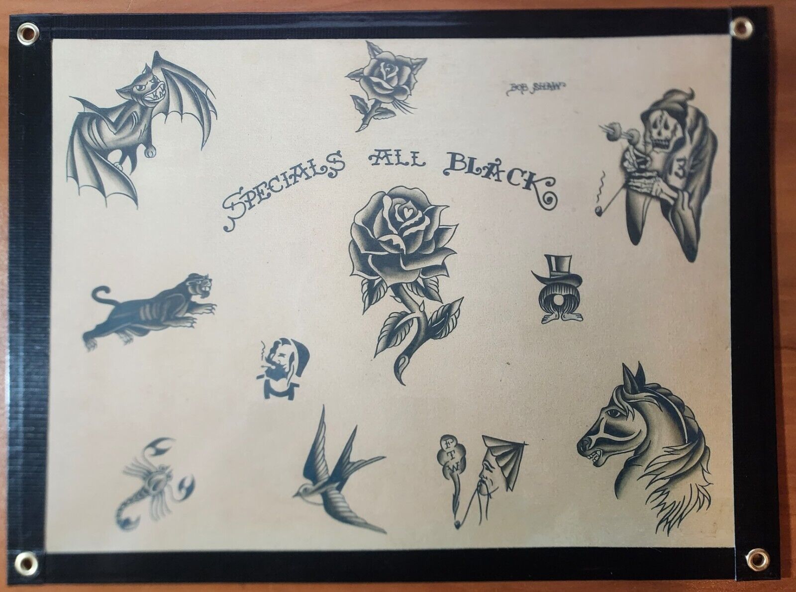 Bob Shaw All Black Traditional Vintage Style Tattoo Flash Sheet Rose, Bat, Horse