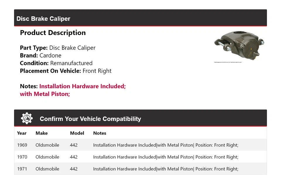 For 1969-1971 Oldsmobile 442 Disc Brake Caliper Front Right Cardone 1970 - Image 2 of 4