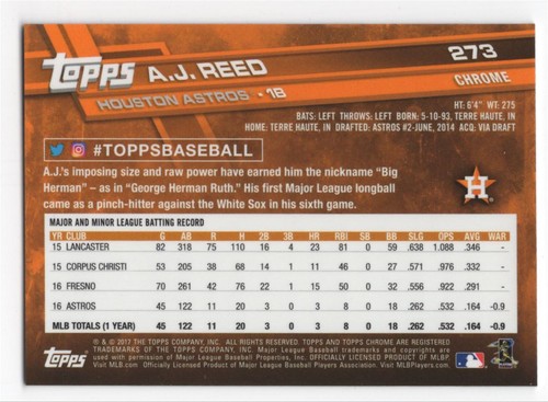 2017 Topps Chrom Saphir Edition Druckauflage 250 AJ Reed #273 Houston Astros - Bild 2 von 2
