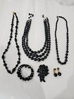 3 Antique Beaded Black Necklaces, 1 Brooch, 1 Bracelet, clip on Ear Rings — photo 1