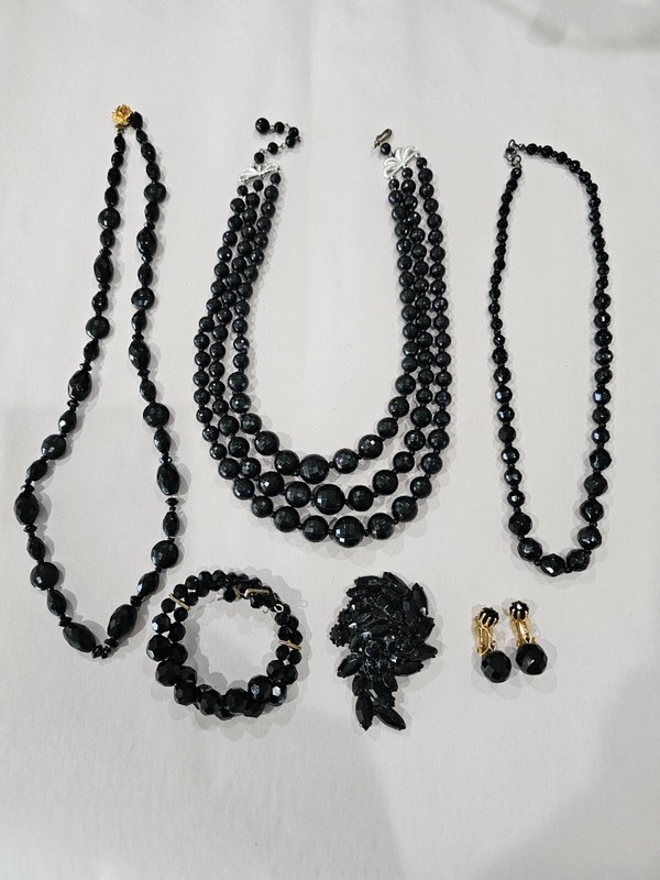 3 Antique Beaded Black Necklaces, 1 Brooch, 1 Bracelet, clip on Ear Rings