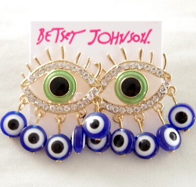 1 75'' BETSEY JOHNSON EVIL EYE w/ BLUE EYE BEAD DANGLES & RHINESTONES EARRINGS