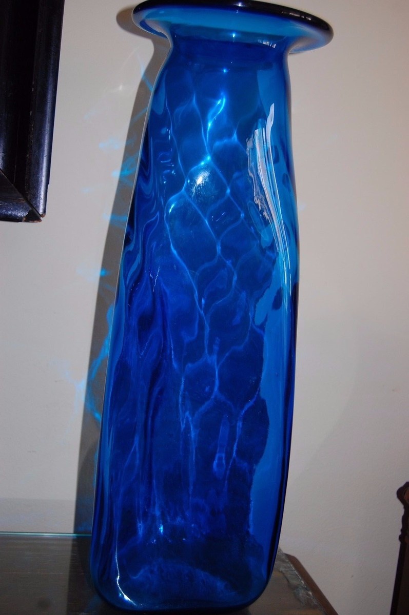 VINTAGE BLENKO ART GLASS HUGE BLUE VASE HAND BLOWN BY JOEL MYERS
