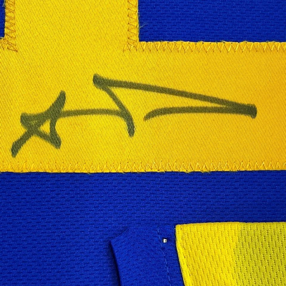 Camiseta deportiva enmarcada autografiada/firmada Aaron Donald 33x42 LA retro azul certificado de autenticidad JSA Foto 2 de 2