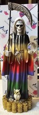 GRIM REAPER SANTA MUERTE OWL SCYTHE GLOBE MONEY COIN FANTASY FIGURINE STATUE #2