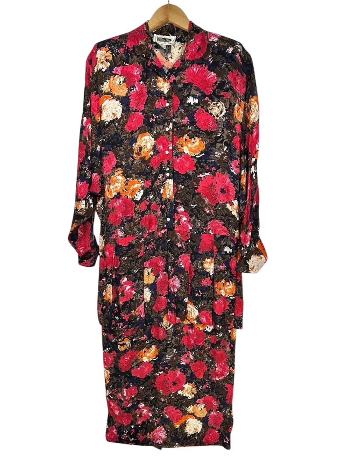 Vintage 80s Red Floral Midi Pencil Skirt Dress Sz 6 Button Up Limited Edition