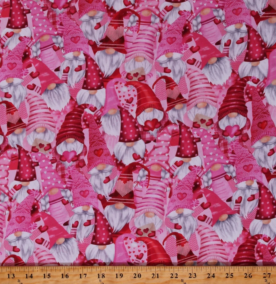 TIMELESS TREASURES Cotton Love Hearts Gnomes Valentine's Day Pink Fabric Print by Yard D379.72