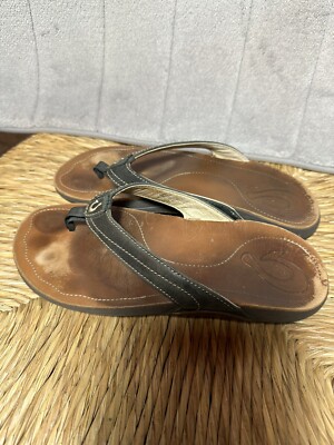 OluKai Kumu Flip Flops Thong Sandals Black Leather Womens US Size 7 Arch Support