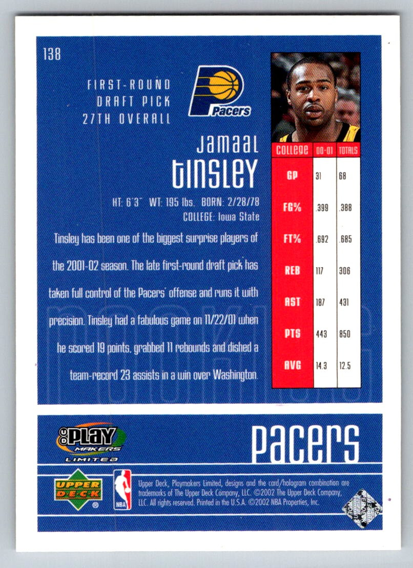 2001 UD Play Makers Limited Jamaal Tinsley 138 /999 - Picture 2 of 2