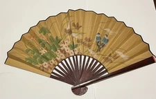 Vintage Large Asian Hand-Painted Folding Wall Fan, 36x20 Floral & 2 Blue Birds.