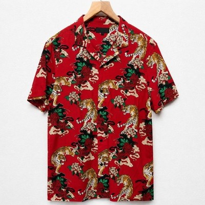 Maison Cinqcent Tiger Print Hawaiian Cuban Resort Camp Hemd Rot Baumwollmischung L
