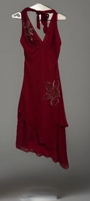 BCBG Max Azria Red Beaded Halter Silk Dress Featuring Asymmetrical Hemline UK 10