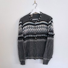 Vintage 60's Jersild Sweater Grey Fair Isle Geometric Button Cardigan Blue VTG