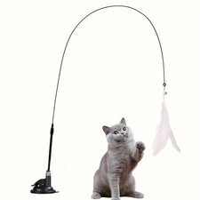 Interactive Cat Teaser Toy Bell Feather Wand with Long Suction Cup Pole