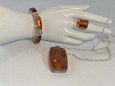 Sterling Citrine ring 7, Sterling Amber Bracelet 7.25", Amber necklace 22"