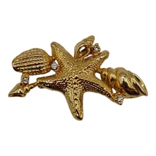 Gold Tone Starfish and Shell Brooch with Rhinestones