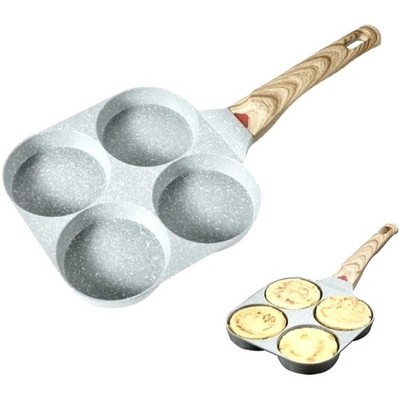 4 Hole Cup Egg Hamburger Pancake Maker Non-Stick Frying Pan with Wooden Handle 