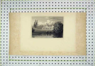 Original alter antiker Druck Herrenhaus Haus See Land Szene Bäume