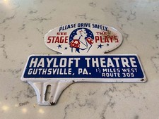 Vintage Metal Hayloft Theater Graphic License Plate Topper Guthsville... Vintage Metal Hayloft Theater Graphic License Plate Topper Guthsville...