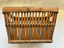 Mid 20th Century Rustic Bamboo Basket Bin Handmade Slatted Wood Storage Decor