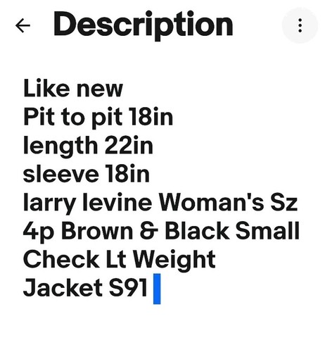larry levine Womans Sz 4p Brown & Black Small Check Lt Weight Jacket S91 - Afbeelding 2 van 14