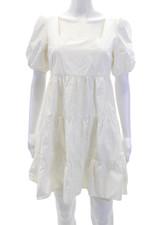 Madewell Womens Cotton Square Neck Puff Short Sleeve Tiered Dress White Size 0