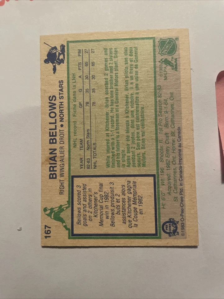 1983-84 O-Pee-Chee !! Brian Bellows Rookie Minnesota North Stars #167 - Image 3 of 3