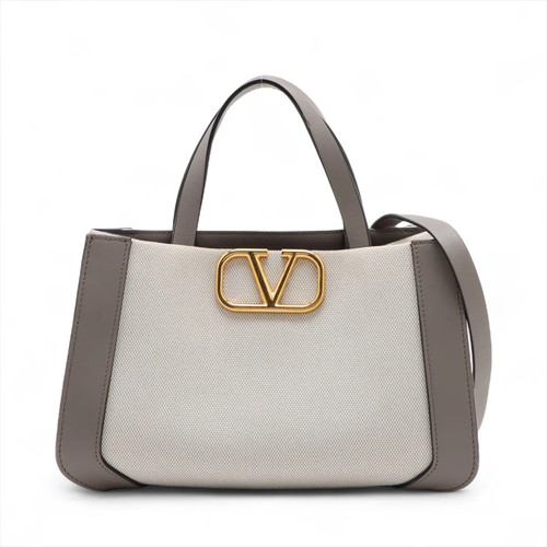 Valentino Garavani V logo Signature Leather 2 Way Handbag Beige x gray