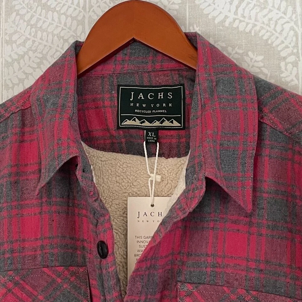 NWT Jachs NY Red Recycled Flannel Shirt Jacket/Shacket, Sherpa/Fleece Plaid XL - Image 3 of 4