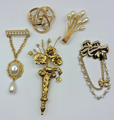 Vintage Brooch Lot Napier Faux Pearl Flower Dangle Bow Gold Tone Retro Pins