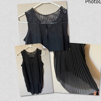 LOVE HAIGHT Womens Small Sleeveless Black Blouse Top Pleated Sheer Lace NWOT