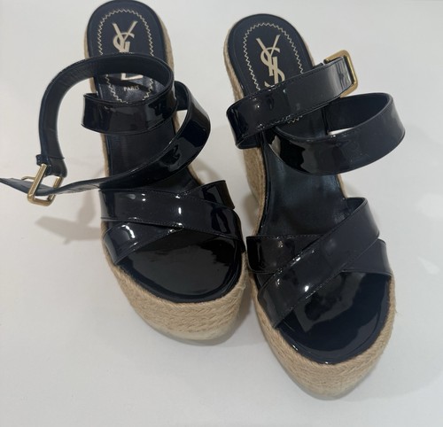 Yves Saint Laurent Espadrille Wedge Sandals Shoes Dark Blue Leather Size 37.5