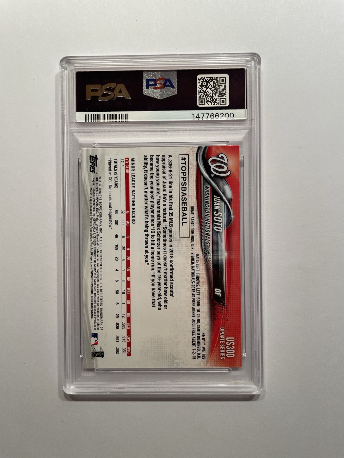 2018 Topps Update - Juan Soto #US300 (RC) - Nationals - PSA 10 view 2