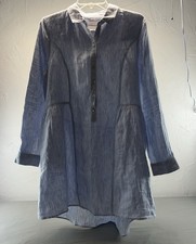 Halston Linen Shift Dress Lt Blue Oversized High Low Chambray Button Med