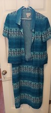Adrianna Papell 100 Silk Green Blue Dress Set Size 14 Short Slv Lined Zip Slit