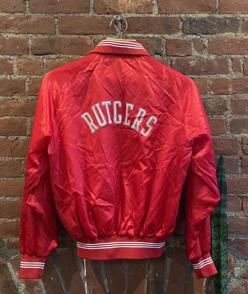 Vintage 80s Rutgers University MVP COR INC Red Satin Jacket Size