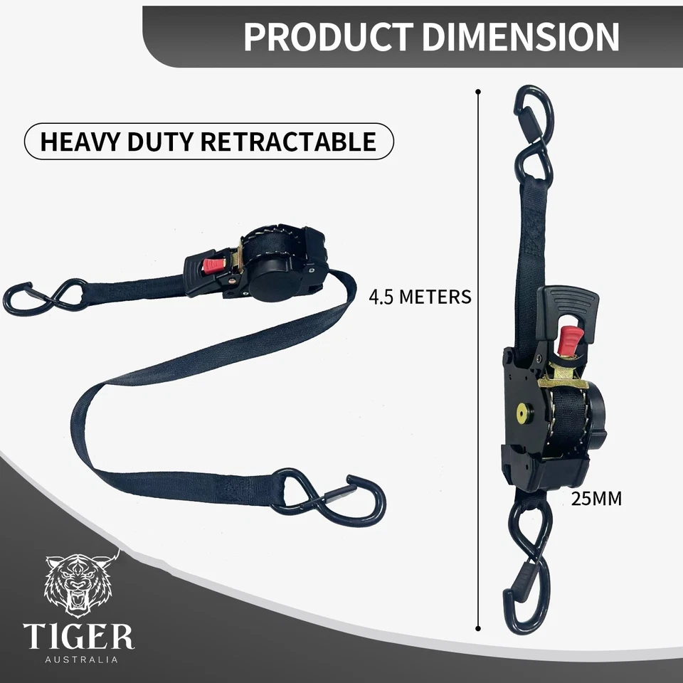 Tiger Australia 25mm x 4.5m Auto Retractable Ratchet Straps 4-Pack - image 2 of 4