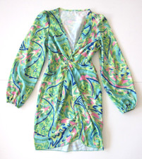 Shein Green Blue Pink Retro Stretch V-Neck Twist Long Sleeve Dress Women XS/2