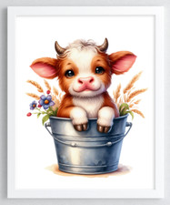 Cow Wall Art Print, Cow in a Bucket Print, Farmhouse Art Home Decor Print 102