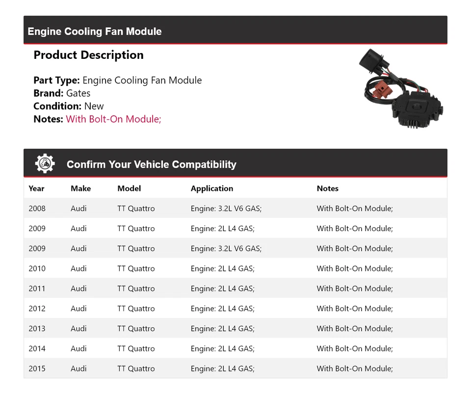 For 2008-2015 Audi TT Quattro Engine Cooling Fan Module Gates 2009 2010 2011 - Image 2 of 4