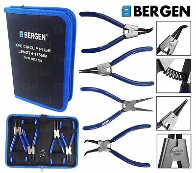 US PRO BY BERGEN BERGEN 4 PC 7" Circlip Pliers Internal External Bent Nose Straight Tip Snap Ring