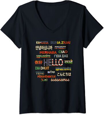 International Travel Say Hello In Different Languages Ladies' V-Neck Tshirt