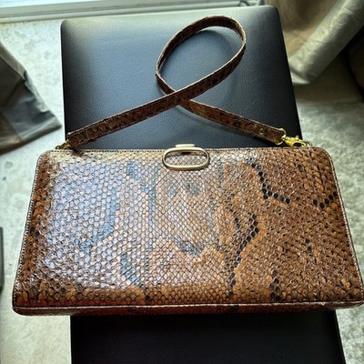 Vintage Brown Python Snake Skin Clutch Handbag with Shoulder strap 13 x 7 in