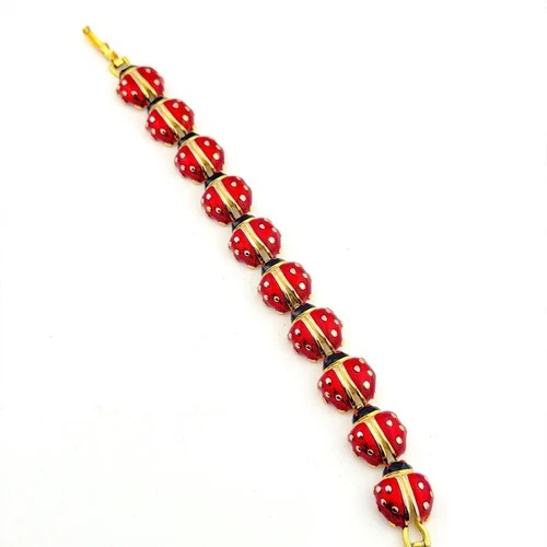 Vintage Enamel Ladybug Lady Bug Bracelet Chain Red Insect Lover Costume Jewelry