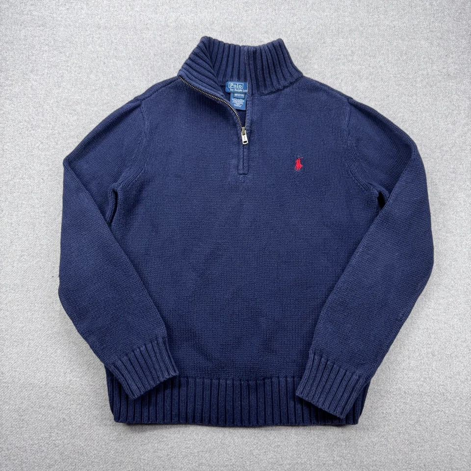 Suéter Polo Ralph Lauren Masculino 1/4 Zíper Tamanho 12/14 Azul Marinho Algodão Vermelho Pônei - Imagem 3 de 4