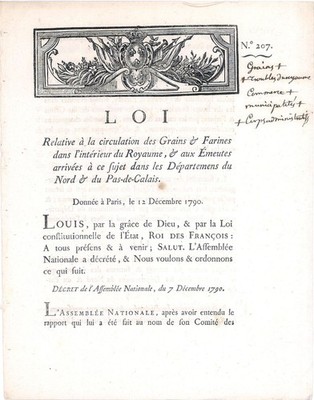 Gesetz über den Verkehr von Getreide und Mehlen Nord Pas-de-Calais 1790