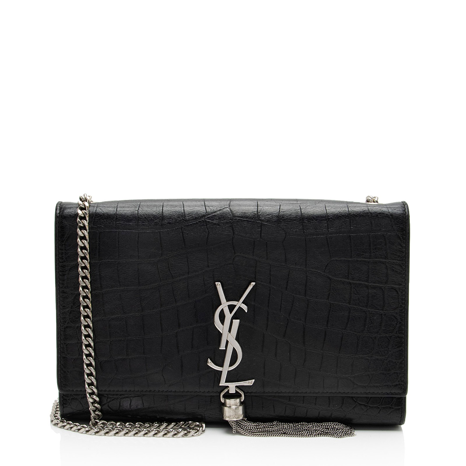 Borsa a tracolla media Saint Laurent Croc in pelle goffrata monogramma Kate nappa